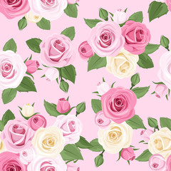 Vector seamless pattern with pink and white roses on pink.