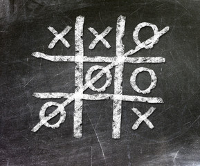 Noughts and crosses drawn on a chalkboard.