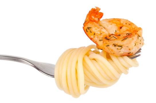 Shrimp Linguine With Pasta On A Fork. Focus On Shrim