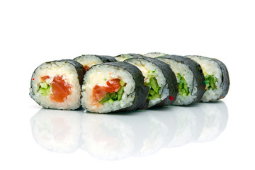 Sushi on a white background with reflection