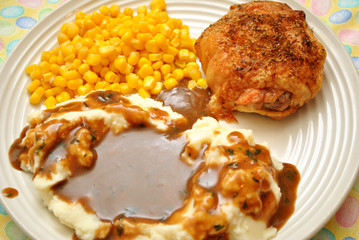 Roast Chicken, Mashed Potatoes with Gravy, and Corn Dinner