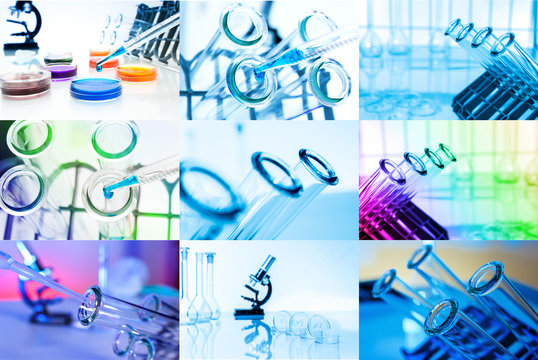 Collage of Test tubes closeup. Laboratory glassware