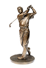 Bronze golfer statue isolated on white with clipping path.