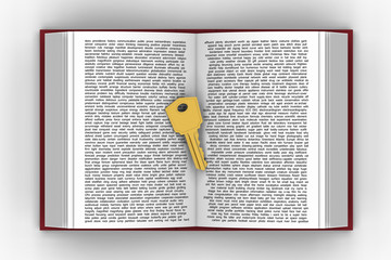 3D model of golden key put on words book