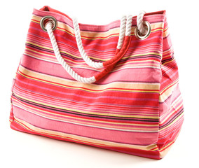 Pinkish canvas striped beach bag with rope shoulder strap