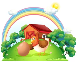 Cercles muraux Arc en ciel Une poule et un œuf près de la maison en bois