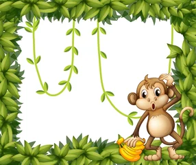 Papier Peint photo autocollant Zoo Un cadre de feuilles avec un singe et des bananes