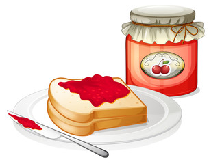A sandwich inside the plate with a cherry jam