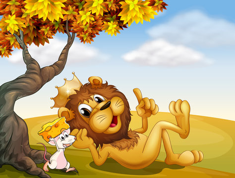 A king lion and a mouse under the tree