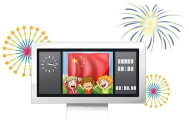 A scoreboard with the flag of China and three happy kids