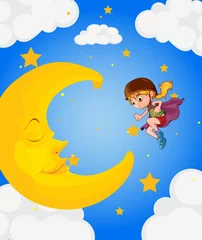 Foto auf Acrylglas Superhelden Ein Mädchen in der Nähe des schlafenden Mondes