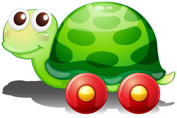 A toy turtle with wheels