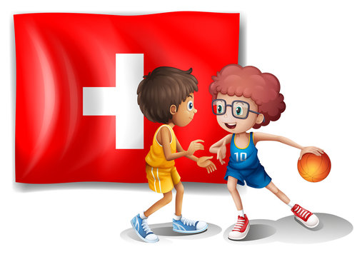 The flag of Switzerland at the back of the two athletes