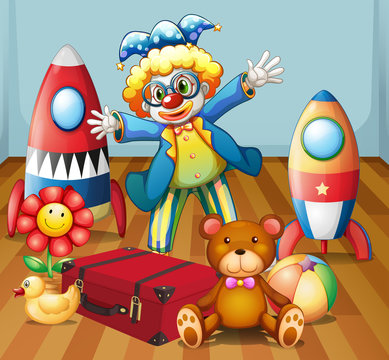 A clown with many toys