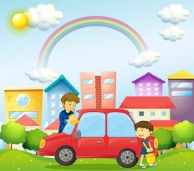 Photo sur Plexiglas Arc en ciel Un père et son fils nettoient la voiture rouge