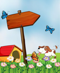 A dog with a doghouse beside an arrowboard