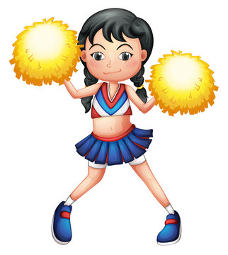 A cheerleader in her uniform with yellow pompoms