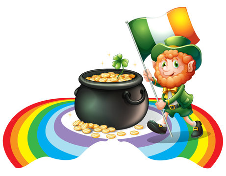 A man holding a flag with a pot of gold coins
