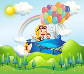 Foto op Plexiglas Twee apen rijden in een vliegtuig met kleurrijke ballonnen © GraphicsRF
