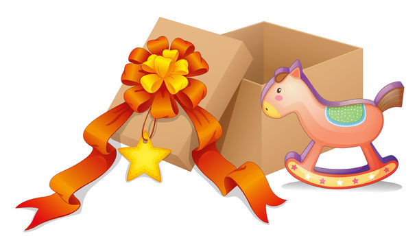 A box with a ribbon and a toy