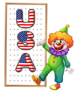 A clown beside the framed USA word