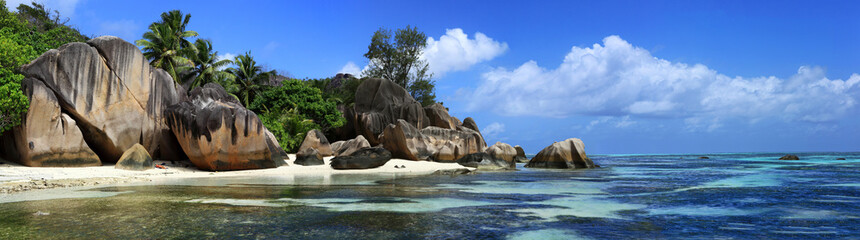 panorama sur jagon bleu des seychelles - obrazy, fototapety, plakaty