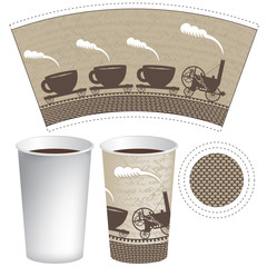 pattern paper cup of tea or coffee with an old steam locomotive