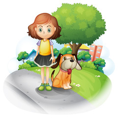 Une jeune fille avec un chien le long de la rue