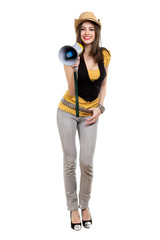 Brunette with a loudspeaker