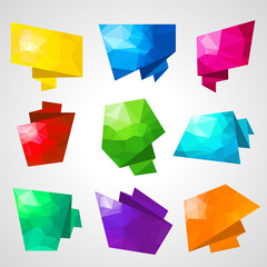 Multicolored speech bubbles with abstract triangular background.