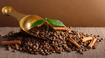 Cereal coffee and scoop on bright background