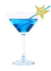 Blue cocktail in martini glass isolated on white