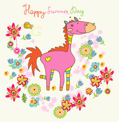 Cartoon floral card with horse