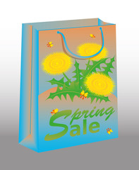 Spring Sale shopping bag with dandelion, vector illustration