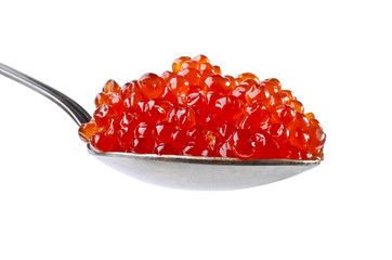 Spoon with red caviar isolated over white