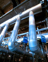 Industrial zone, Steel pipelines and cables in blue tones