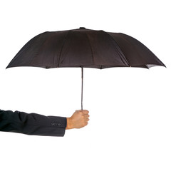 Male hand holding opened black umbrella