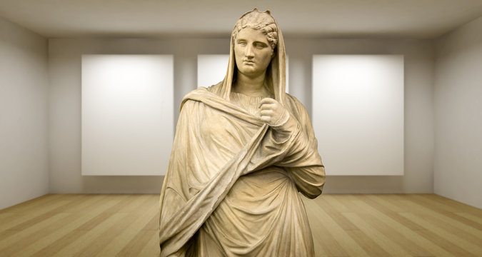Lady, Empty gallery, 3d room with greek sculture, Ancient Statue