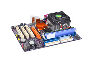 Printed computer motherboard board, isolated on white background
