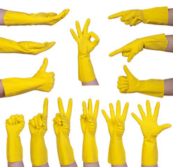 Hand gestures in yellow rubber glove