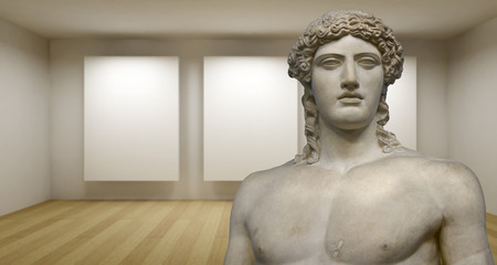 Empty gallery, 3d room with greek sculture, Ancient Statue
