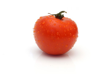 Single wet tomato isolated on white background