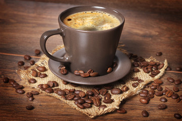 cup of coffee on brown background 