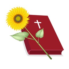 Holy Bible with Wooden Cross and Sunflower