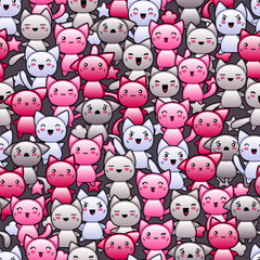 Obraz premium Seamless pattern with cute kawaii doodle cats.