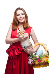 cheerful easter  woman  with rabbit