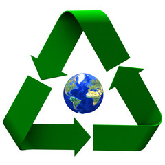 Recycle icon and Earth, 3d image