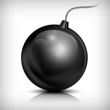 Round black bomb with cord on white, vector illustration,