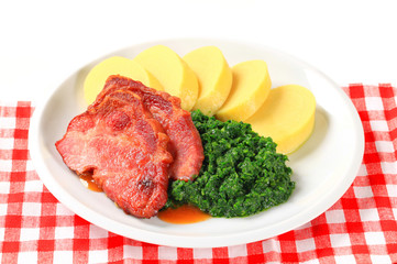 Smoked pork neck with potato dumplings and spinach
