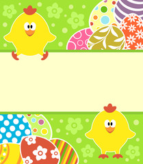 Easter background card with eggs and funny chickens